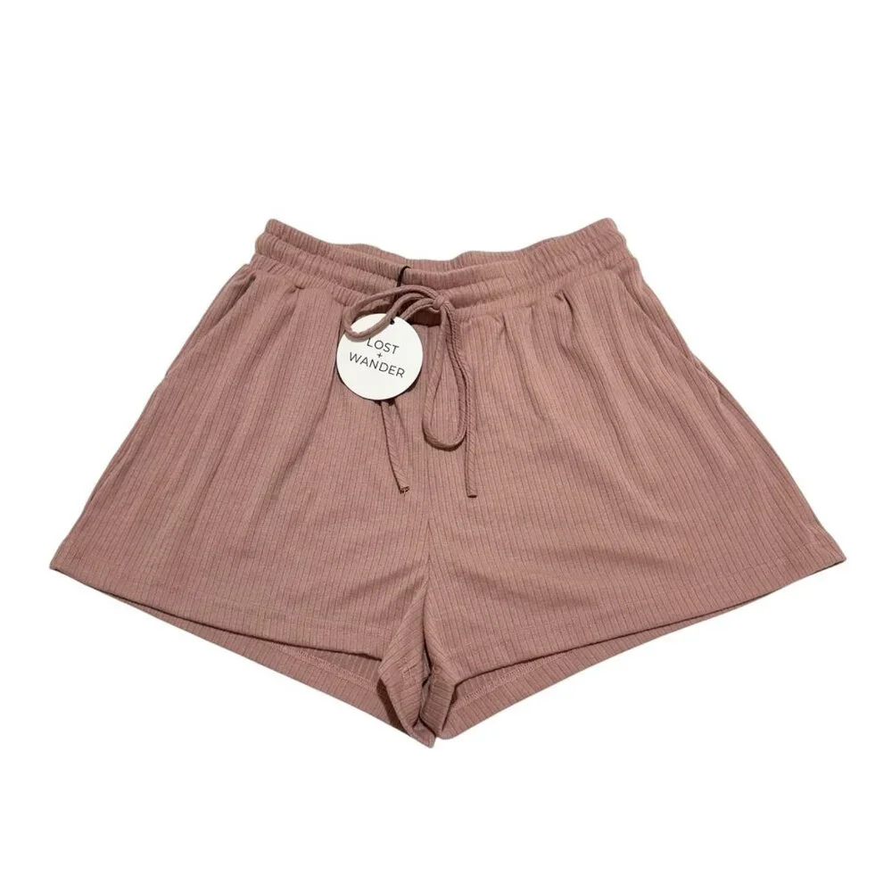 Lost + Wander Womens Size M Ribbed Knit Drawstring Shorts Mauve‎ Pink NWT NEW